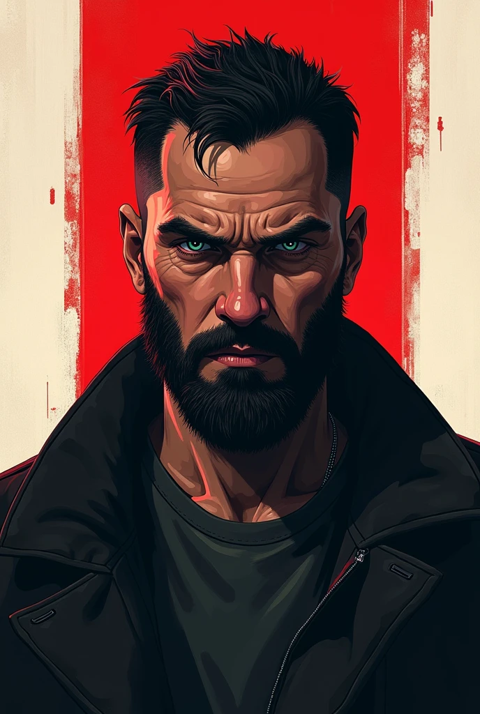 A 33 year old man, serious features, with red and white background, short hair and medium beard, in the style of the game Disco Elysium