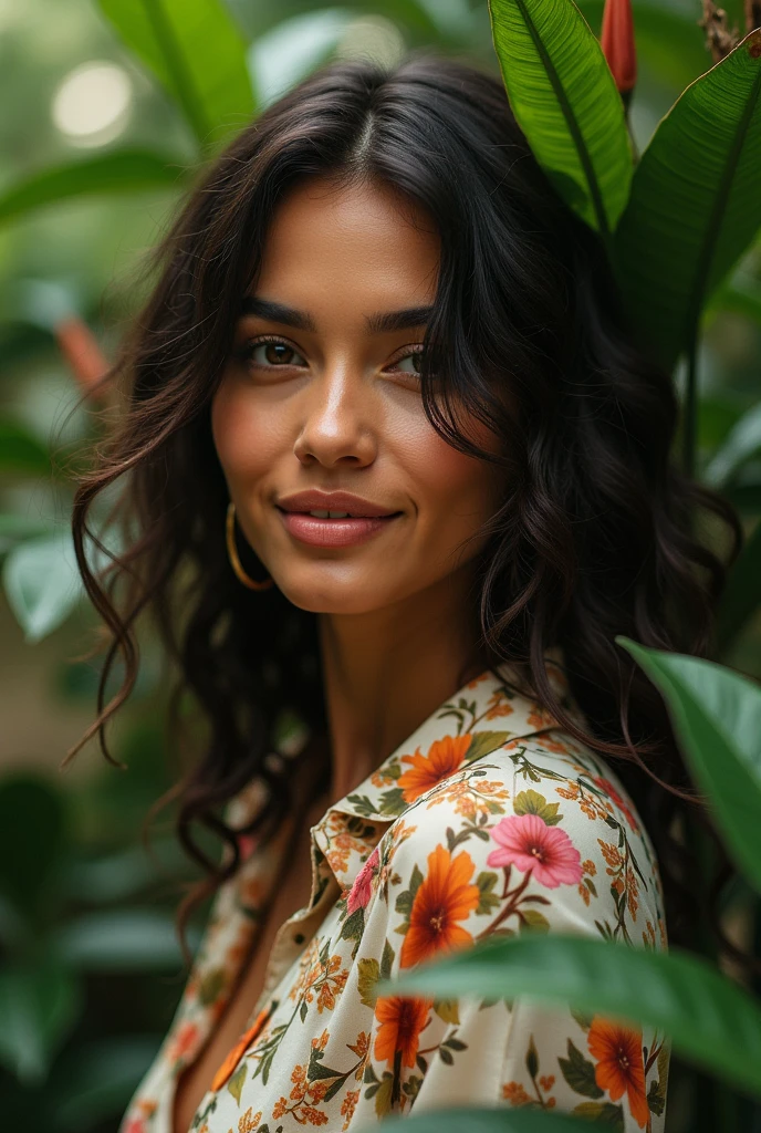 A Brazilian woman in a lush tropical garden, wearing an open shirt with a floral print, with a close-up capturing the harmonious beauty between her breasts and the natural flowers, showing off your natural charm and outgoing personality.