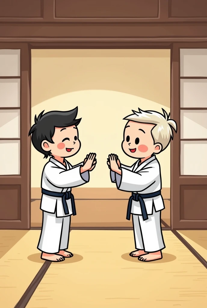 Simple cartoon style illustration of martial artists greeting each other in a dojo