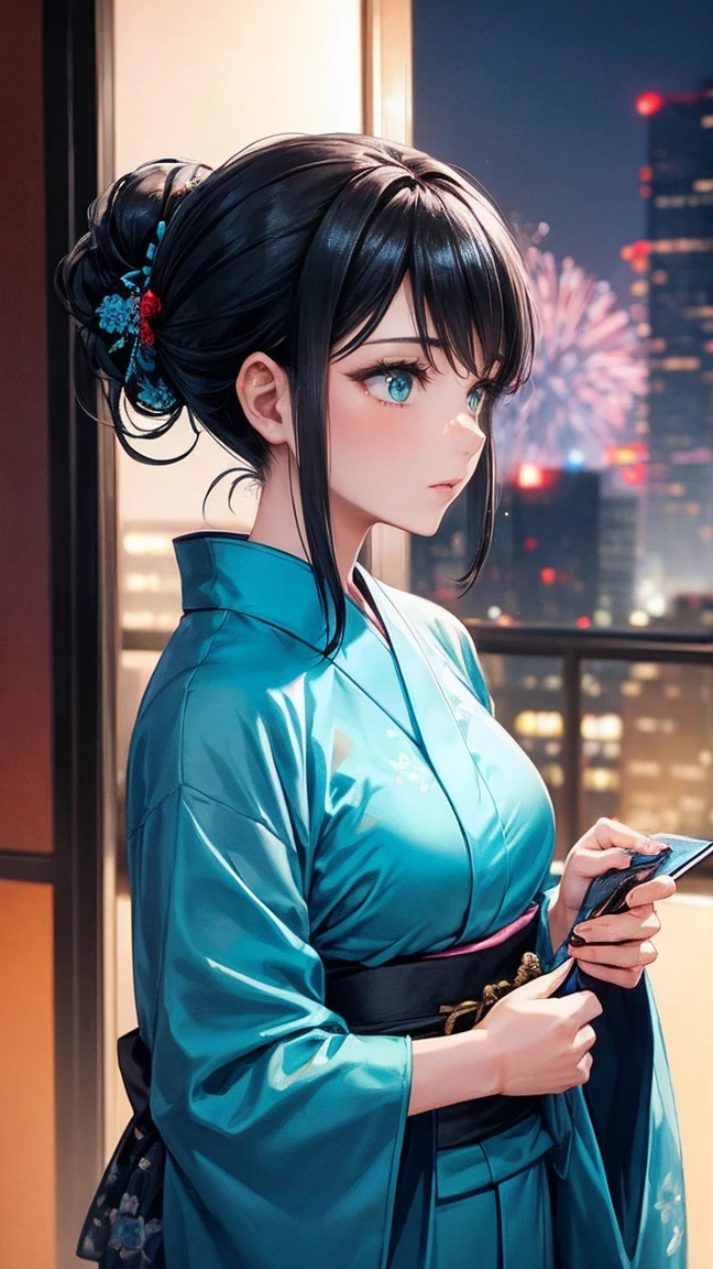 Skyscraper rooftop Fireworks set off in the background Mature Woman Black hair chignon A vibrant turquoise yukata