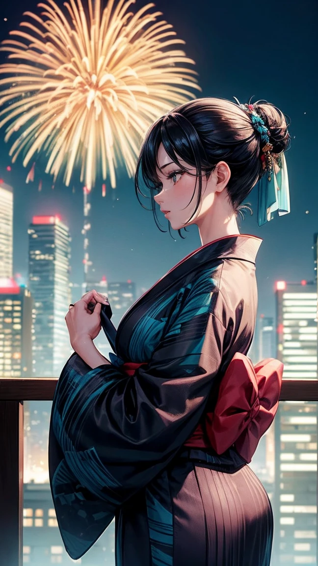 Skyscraper rooftop Fireworks set off in the background Mature Woman Black hair chignon A vibrant turquoise yukata