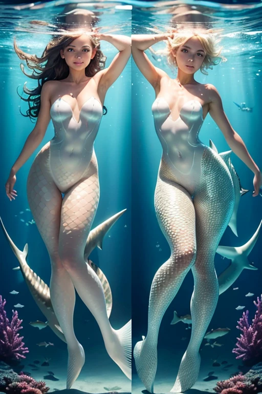 A sexy young 13-yr old Australian  charming girl Full body detailed anatomy, perfect face details,((brown skin tone texture)) (( wearing illuminating a shark head band))(( wearing transparent  illuminating shark mermaid costume sexy full body detailed anatomy )), wearing illuminating  transparent one piece shark detailed on skin, wearing scally shark like skin texture body, lifting up plump pussy , wavy short illuminating gold & gemstone hairstyles from the flow water, ((having shark fin tails instead of toes))( shark fins ears))(shark skin arms, torso, bottom, face, neck, shoulder & legs))((showing face near camera)) (accurate details of hands & fingers)) Exposed hard big errect nipples, open legs squat position, exposed pussy line, exposed panties, exposed pussyline, smiling with teeth exposed. Sparkling gray eyes, charms, face details & fucos skin texture colored white, swimming under the  atmosphere ocean wave and air bubles different lighting effects around the background, showing corals, urchins, fish, turtle, whale, bubbles of air for accurate background masterpiece ((with illuminating transparent crystal gemstone shark like scales skin textured all over her body)) ((with gills))((holding a treasure trident)) full details of accessories and props))swimming with ocean current waves under the sea,( many different perspective view character profile, front view, side view, rear view, of same face & clothing girls posing deferent angle))(( perfect details of mermaid body and tail fin anantomy))