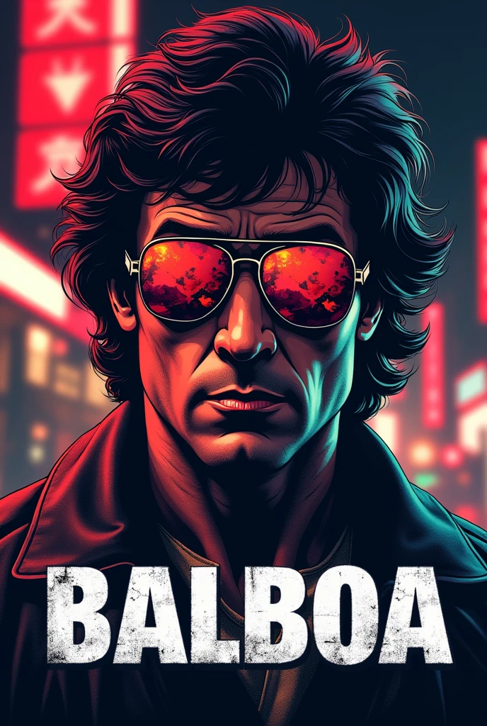 make a logo with Silvester Stallone 80s men's fashion style for my store called "BALBOA" use it with glasses like in "serpe"