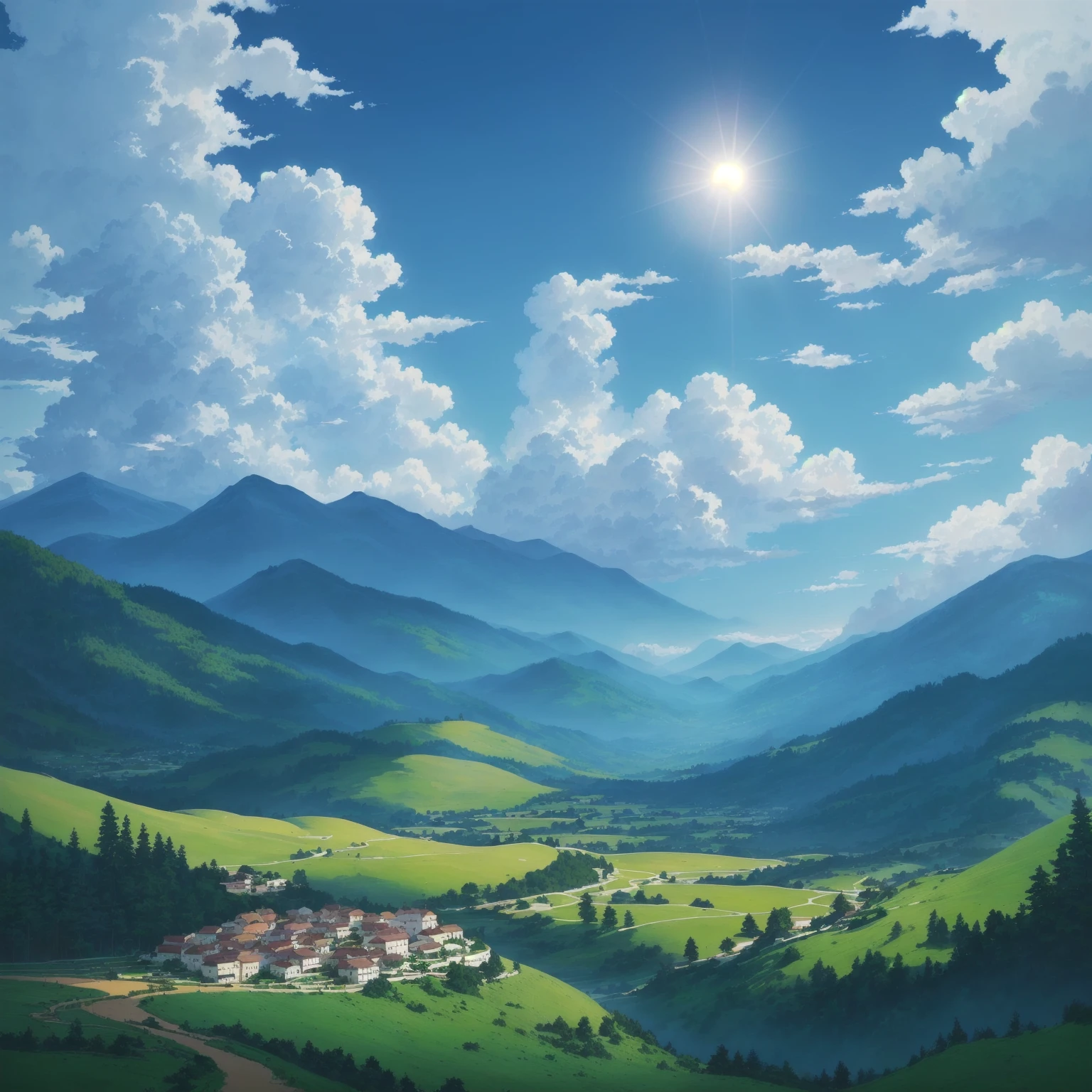 a painting of a mountain valley with the sun shining on it, beautiful cenário de アニメ, Paisagem rural de アニメ, paisagem de アニメ, Natureza dos アニメs, Linda cena de アニメ, cenário de アニメ, paisagem de アニメ wallpaper, アニメ linda cena de paz, Fundo de アニメ, Fundo de アニメ art, Natureza dos アニメs wallpap, beautiful fluffy clouds. アニメ, very very beautiful scenery, very very very beautiful scenery
