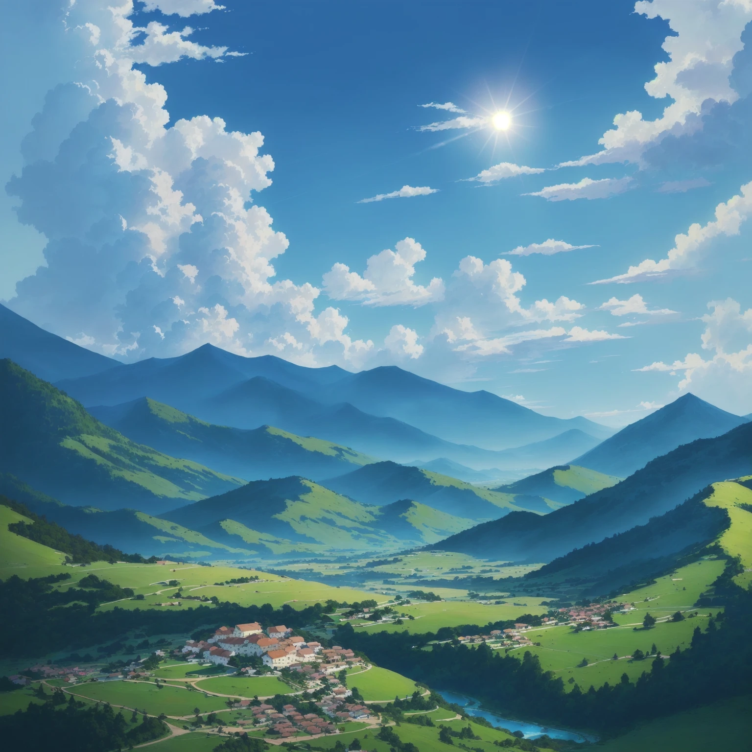 a painting of a mountain valley with the sun shining on it, beautiful cenário de アニメ, Paisagem rural de アニメ, paisagem de アニメ, Natureza dos アニメs, Linda cena de アニメ, cenário de アニメ, paisagem de アニメ wallpaper, アニメ linda cena de paz, Fundo de アニメ, Fundo de アニメ art, Natureza dos アニメs wallpap, beautiful fluffy clouds. アニメ, very very beautiful scenery, very very very beautiful scenery