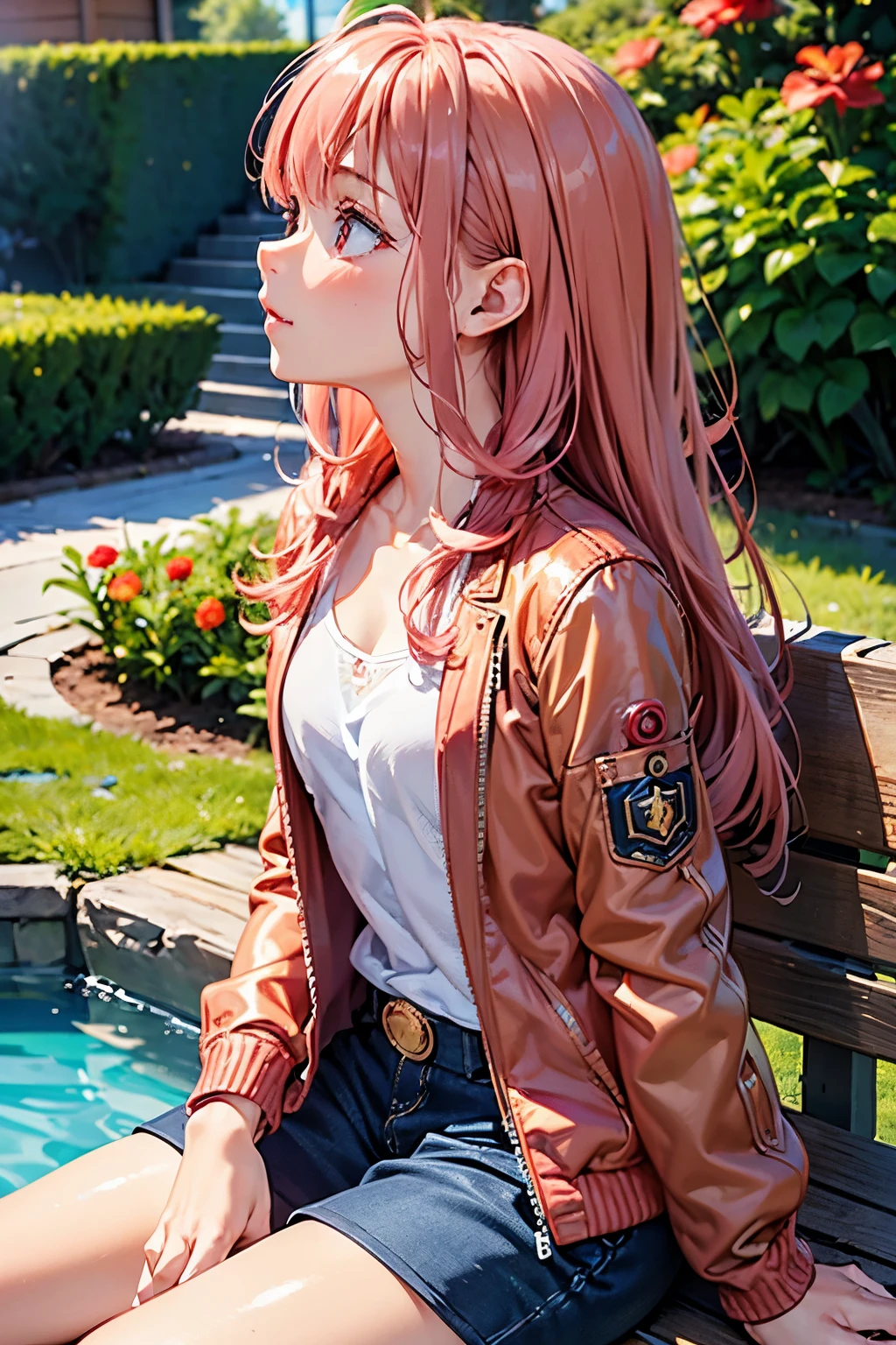 best quality, (masterpiece:1.3), absurdres, highres,16k, ultra high res, official art, illustration, extremely detailed, 1girl, solo, 20yo, 
delicate lines tailed face, (long hair1.2), (straight hair1.8), (beautiful (coral pink) hair:1.2), (shiny hair:1.2), (beautiful (gold) eyes:1.2), (shiny eyes:1.2), (small breasts), (gleaming skin:1.4),
(cowboy shot:1.5), (side shot:1.5) 
sitting on bench, (looking away:1.5), (looking up:1.3), expressionless,
red flight jacket (zipped), olive cargo pants,
flower garden, fountain,