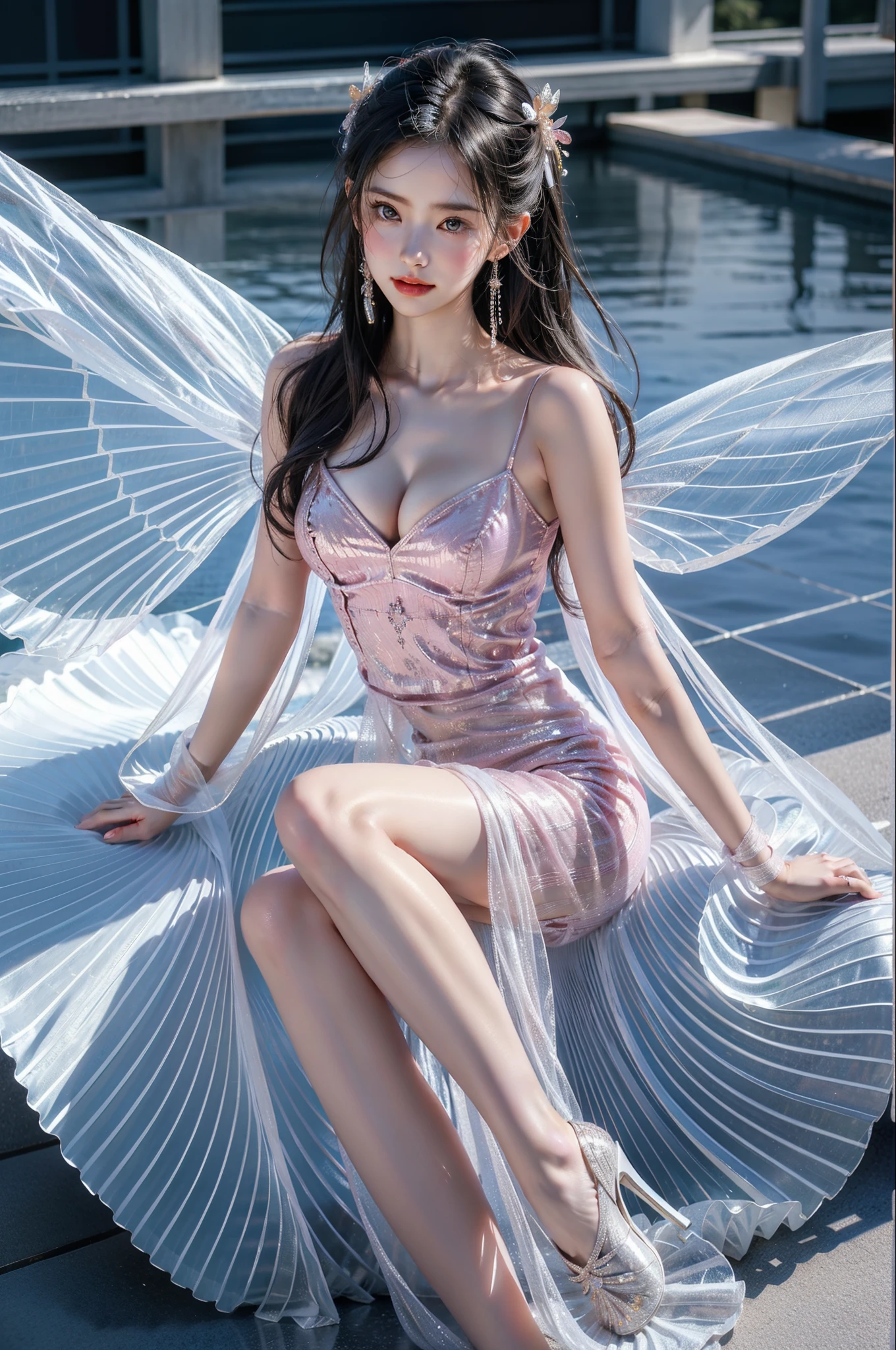 dress,wings,fairy, A beautiful and moving woman, in an elegant pose, her full breasts on display.,Visible cleavage,Sexy long legs,The skirt is short, Variety of slim and cute beauties, Her long hair cascades down her shoulders like a waterfall。She smiles radiantly,Eyes sparkle,Her skin is flawless。Her curves are highlighted。Sparkle in the light,The colors are soft,One hand on hip,Her posture is both graceful and strong。She wears elegant high heels,Goes well with her outfit。In the warm golden sun。The overall atmosphere of the image is tranquil and uplifting,Emphasizing natural beauty and elegance, Studio Lighting,Bright colors, Sweet maiden, sweet smile, make up,shy,Blush,Parted lips,Heavy breathing,moan,Surrealism,Realism,Movie Lighting,Relief,Sony FE GM,Retina,masterpiece,precise,Anatomically correct,Textured Skin,Super Detail,High Detail,best quality,rich and colorful