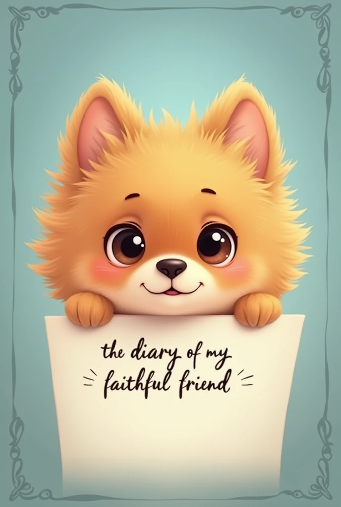 Cute Pomeranian dog face animated image with title "The diary of my faithful friend" with elegant and stylish font and blue gradient background