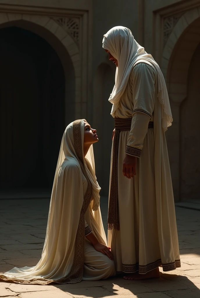 Young Maghrebi woman wearing a veil over her hair on all fours looking up to look at her master