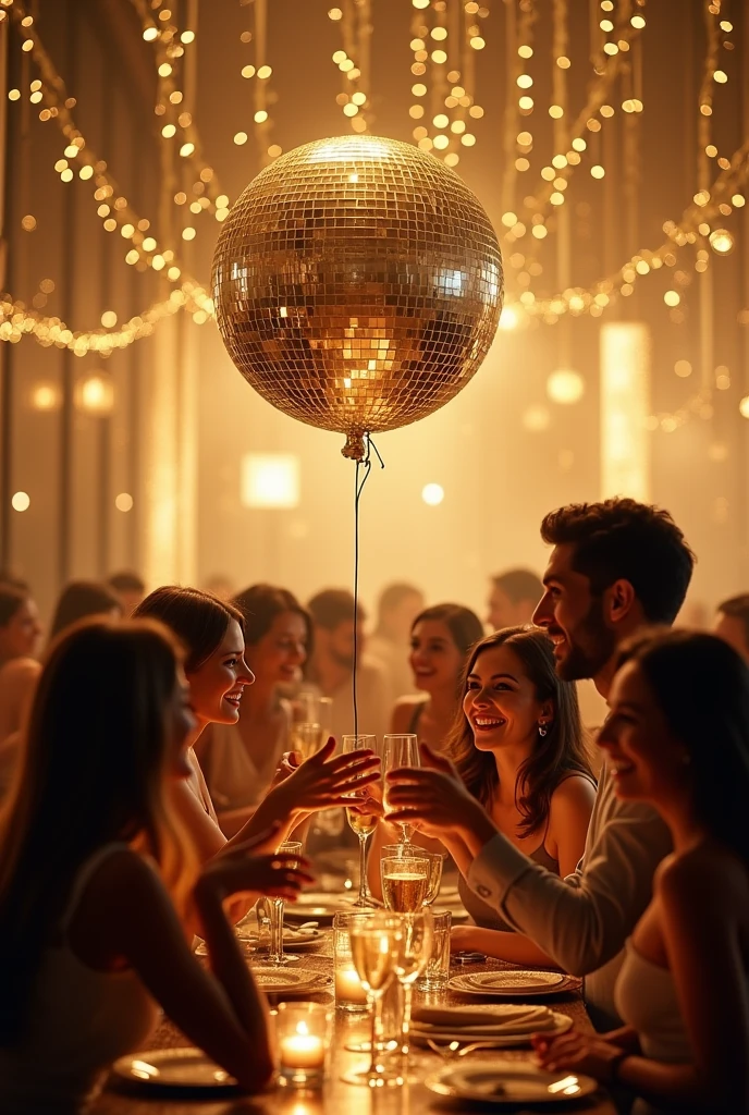 Invitation poster,  Gold and silver party and dinner. 40 year olds having fun,  smart casual white and gold attire, disco balloon, disco style.