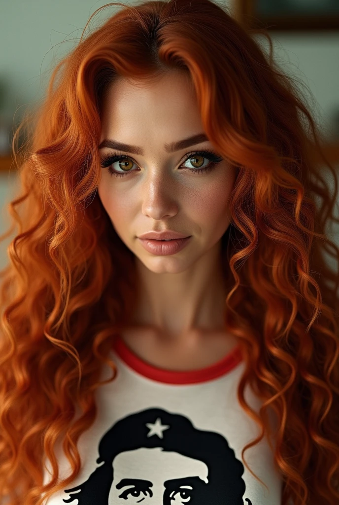 A white Latina woman with her hair dyed a natural dark copper red, very long and very curly without volume, rosto angelical, chubby and round face, very beautiful, eyes browns, small and round mouth, slightly large cheeks, round eyes, big eyelashes, small and cute nose, round chin, sculptural body, wears well-defined eyeliner and a Che Guevara shirt.