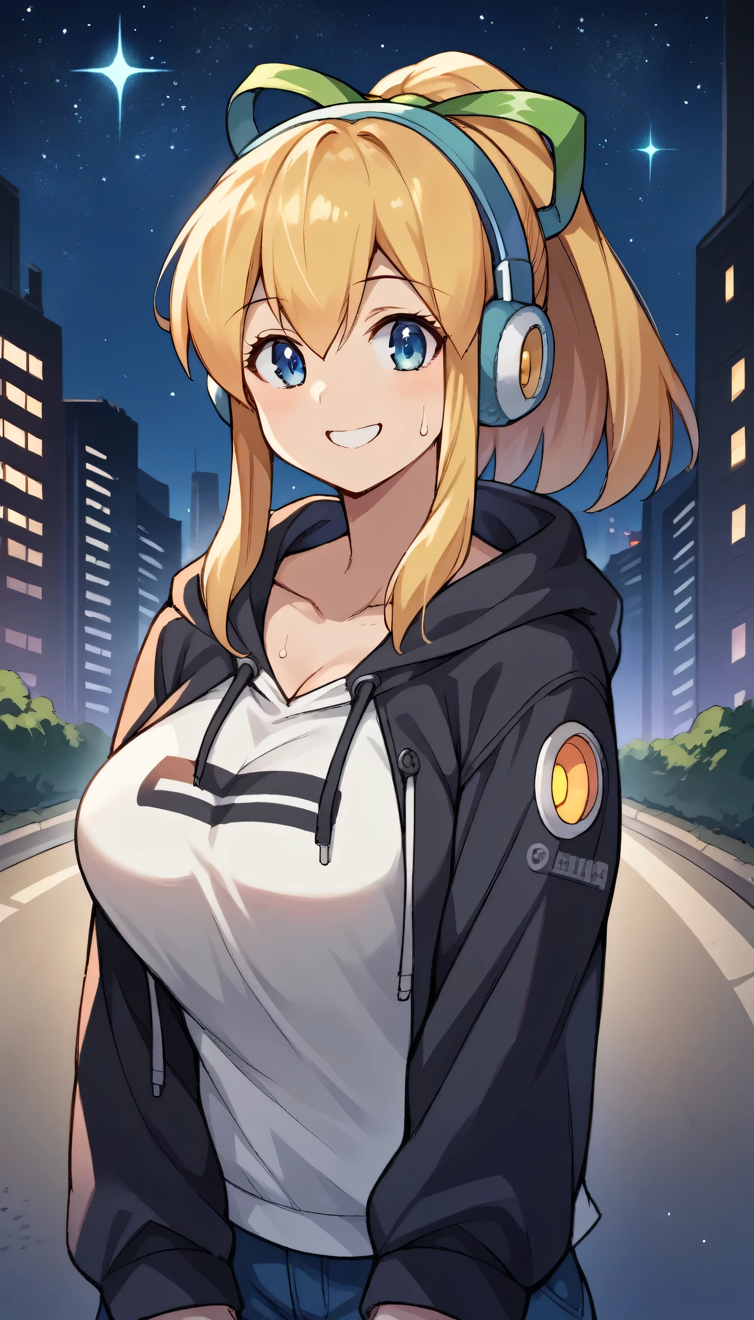 headphones, city, building, skyscraper, cityscape, earmuffs, night, 1girls, female focus, star \(sky\), solo, shoes,  street, city lights, outdoors, sky, hoodie, shorts, starry sky, night sky, sneakers, skyline, hood, road, tower,Looking at the viewer,large breast,breasts, 1girl, breast, solo, smile, sweat, collarbone, upper body, large breasts, close-up,Roll (Mega man), long hair, bangs, blue eyes, blonde hair, ribbon, hair ribbon, ponytail,