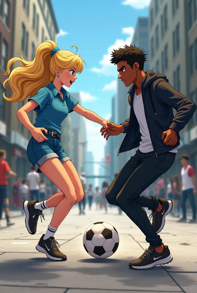 Anime young blonde woman in blue shirt and blue jeans shorts and young African-American man in black jacket and black pants playing street football 
