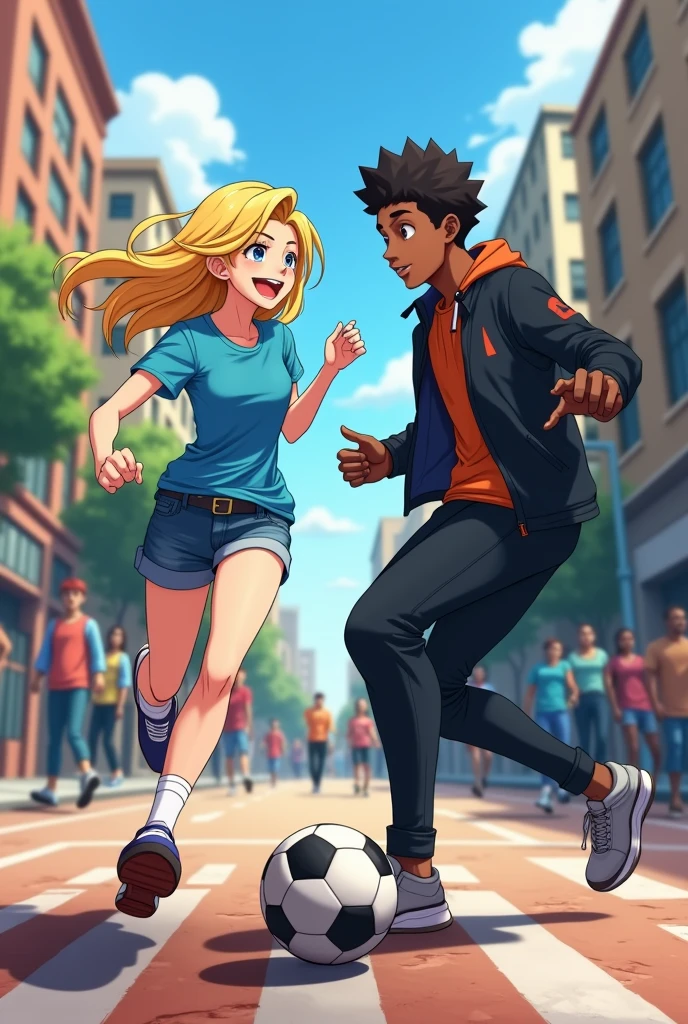 Anime young blonde woman in blue shirt and blue jeans shorts and young African-American man in black jacket and black pants playing street football