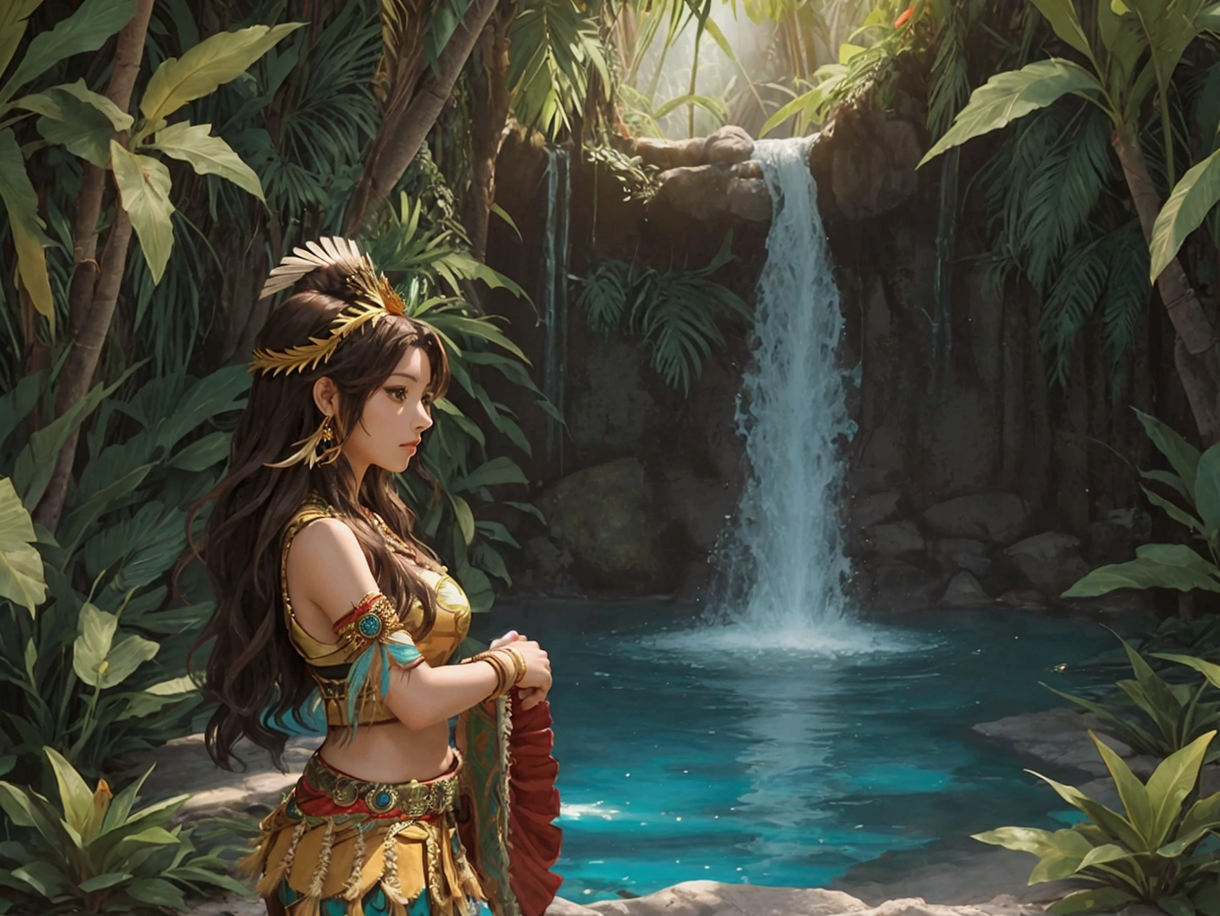 "Create an anime style illustration of a aztec warrior woman in her 20s dressed up as a cute Mexican anime character. She's in a tropical jungle in a cozy cenote, relaxing. She has long, wavy brown hair that's parted on the side. She's wearing an Aztec warrior outfit, a pleated skirt, and a feather crown in her hair. The soft light of the jungle illuminates her as she enjoys a quiet moment in nature."