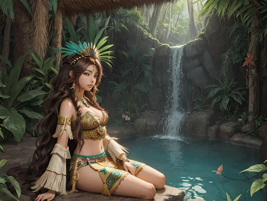 "Create an anime style illustration of a aztec warrior woman in her 20s dressed up as a cute Mexican anime character. She's in a tropical jungle in a cozy cenote, relaxing. She has long, wavy brown hair that's parted on the side. She's wearing an Aztec warrior outfit, a pleated skirt, and a feather crown in her hair. The soft light of the jungle illuminates her as she enjoys a quiet moment in nature."
