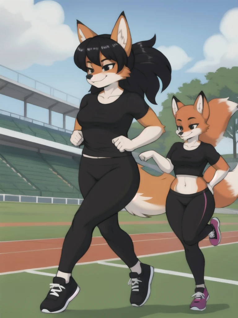 Furry, fox, female, black shirt, black leggings, shoes, running track, friends, full body