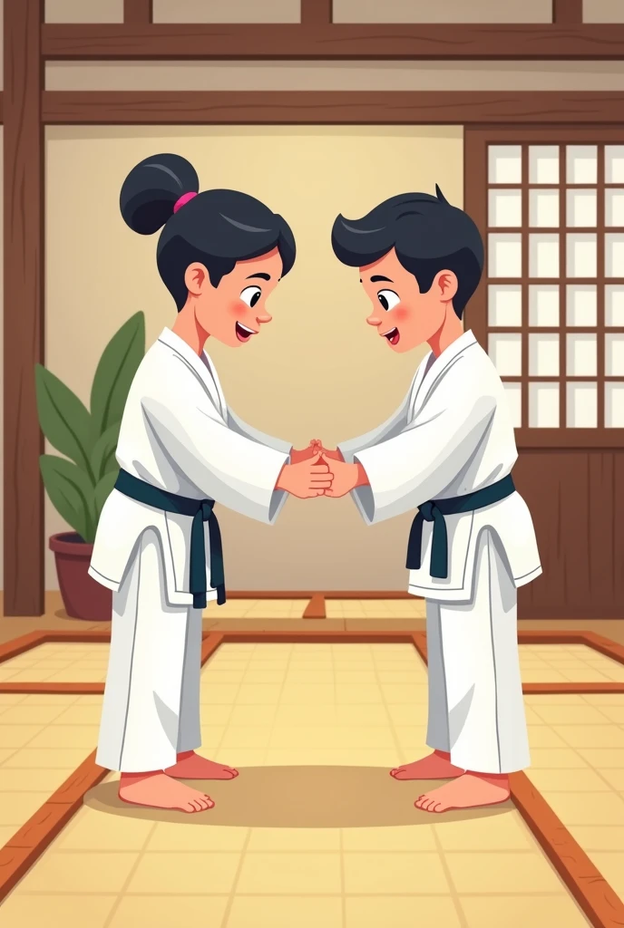 Simple cartoon style illustration of martial artists greeting each other in a dojo 
