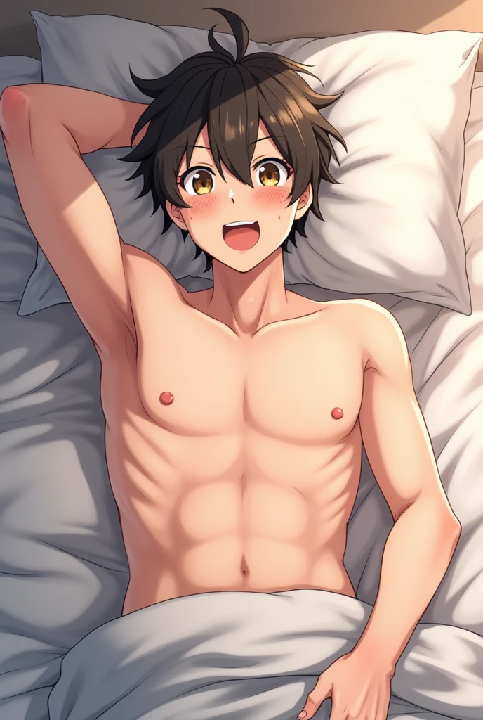 an anime-style male character lying on a bed naked showing everything with a very hard penis and the penis has to be drooling, And the character has to have a face that shows he is really excited.