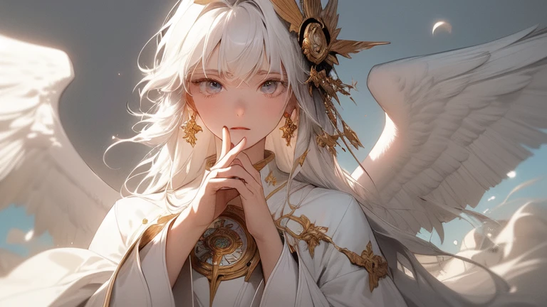 (masterpiece,Highest quality,beautifully、aesthetic:1.2),(Seraphim),(holy Angel),Angel,Giant Wings,Standing on the clouds,Hall々",Giant portrait,Giant creatures,Calm Breath,Mysterious Light,Spirit creatures,(Finger details),free will,(Wind and fire go hand in hand),Noble,blazing Angel,Sparkling Gold,guardian Angel,