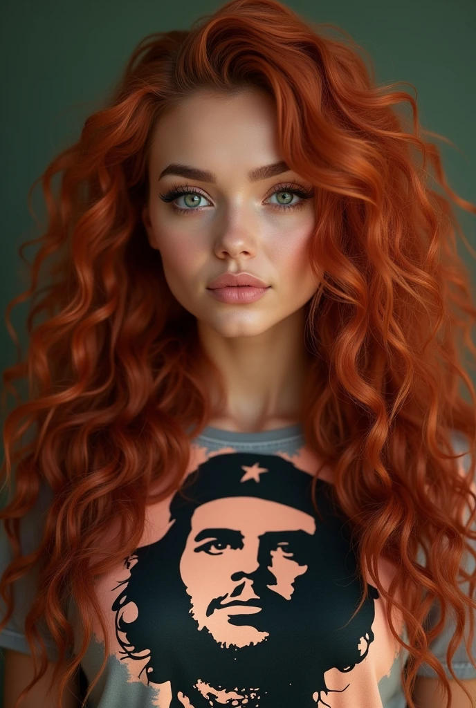 A white Latina woman with her hair dyed a natural dark copper red, very long and very curly without volume, rosto angelical, chubby and round face, very beautiful, eyes browns, small and round mouth, slightly large cheeks, round eyes, big eyelashes, small and cute nose, round chin, sculptural body, wears well-defined eyeliner and a Che Guevara shirt.