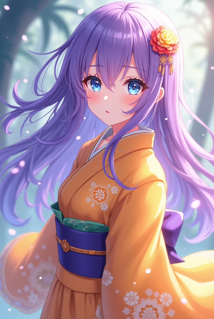 Anime girl with long purple hair, blue eyes and stars and a yellow kimono