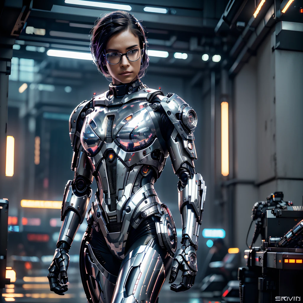 A highly detailed, realistic male cyborg with a cyberpunk aesthetic. The cyborg should feature a polished chrome robotic suit, glowing futuristic eyes, and a pixelated or blurred face. It should also wear dark, cyberpunk-style glasses. The design should include intricate details, high-quality rendering, and a sleek, modern look with vibrant colors and a touch of futuristic elegance. (Extremely detailed, professional high-quality rendering, chrome robotic suit, dark cyberpunk glasses, pixelated or blurred face, and striking visual elements.)