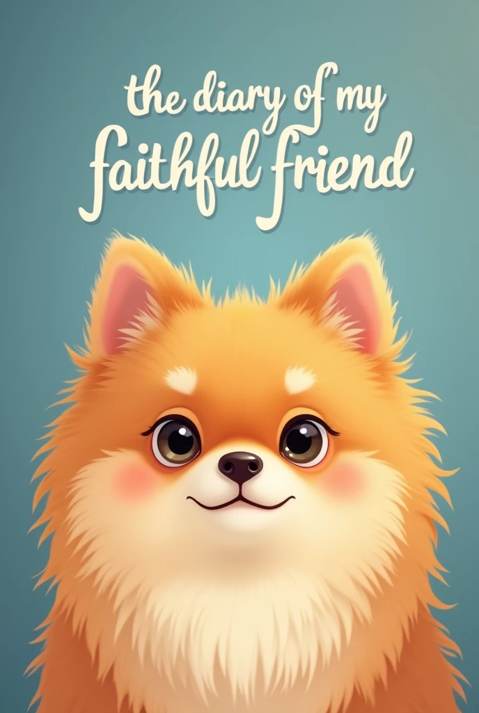Cute Pomeranian dog face animated image with title "The diary of my faithful friend" with elegant and stylish font and blue gradient background