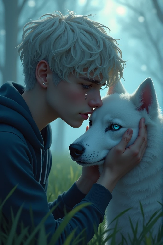 an image of a ghost husky dog and its owner a young man with light hair, light eyes and light skin crying over the death of his pet husky 