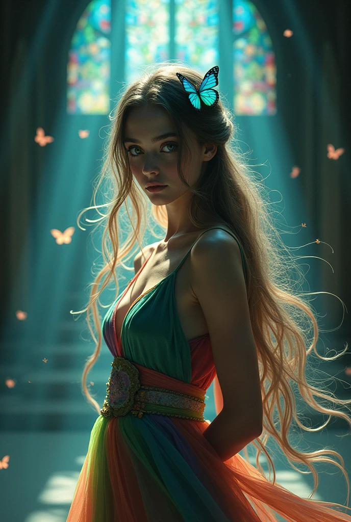 1 girl, work of art, extremely detaild, ((cinematic lighting)), (Ablaze), ((dramatic lighting)), ((beautiful detailed glowing)), intricate-detail, Lens flare, multicolored hair, rainbow hair, long hair, multicolored dress, butterfly hair ornament, butterflys, (light particles), arms behind the back, breasts big, [curved], cowboy shot, drlight smile, greeneyes, church, stained glass, searchlight, darkness background, floating hair, floating hair, looking ahead at viewer,((colorfully))