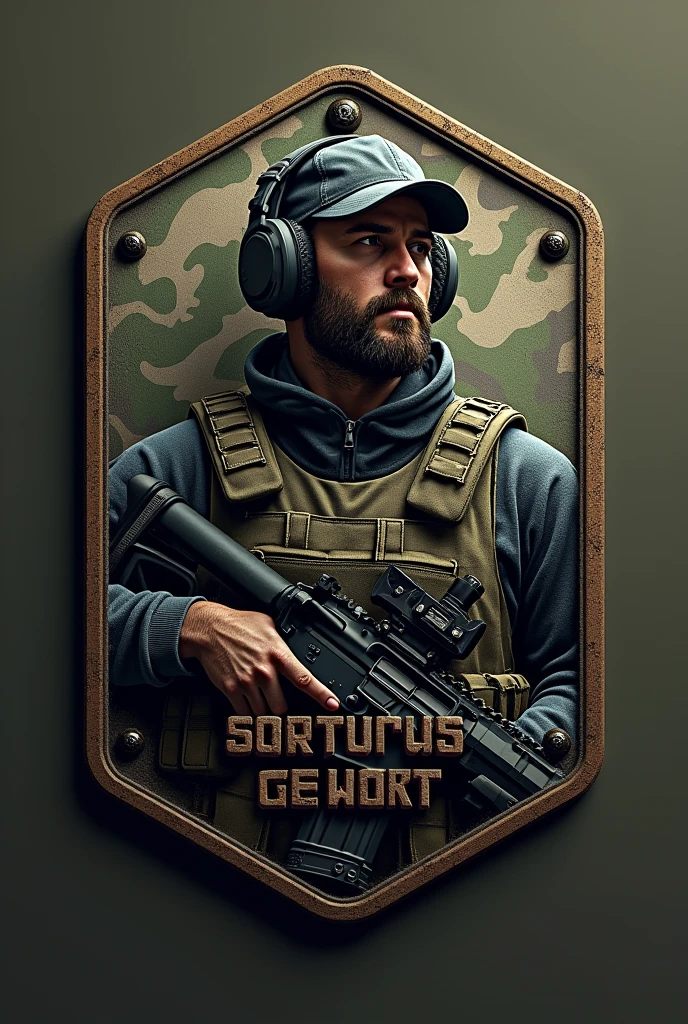 Create Cliché, Rubber patch, hexagonal coat of arms shield with the name Lukinha Airsoft and operator therefore an m4 rifle with a cap and headset with a camouflage background