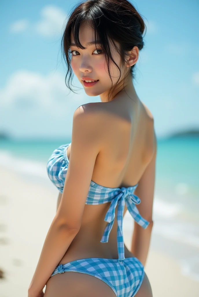 Japanese younger sister (Light blue plaid ruffled low rise bikini)Lens: 135mm f1.8,(Highest quality),(Tabletop:1.1), (Beautiful Japanese girl), Cute Face, (Cute Breasts), (Deeply carved face:0.7), (freckles:0.6), Pretty lips, Dramatic lighting, Dynamic Lighting, smile, Beautiful thighs, Pixie Cut, Beautiful thighs,  (Beach), (Turn around),