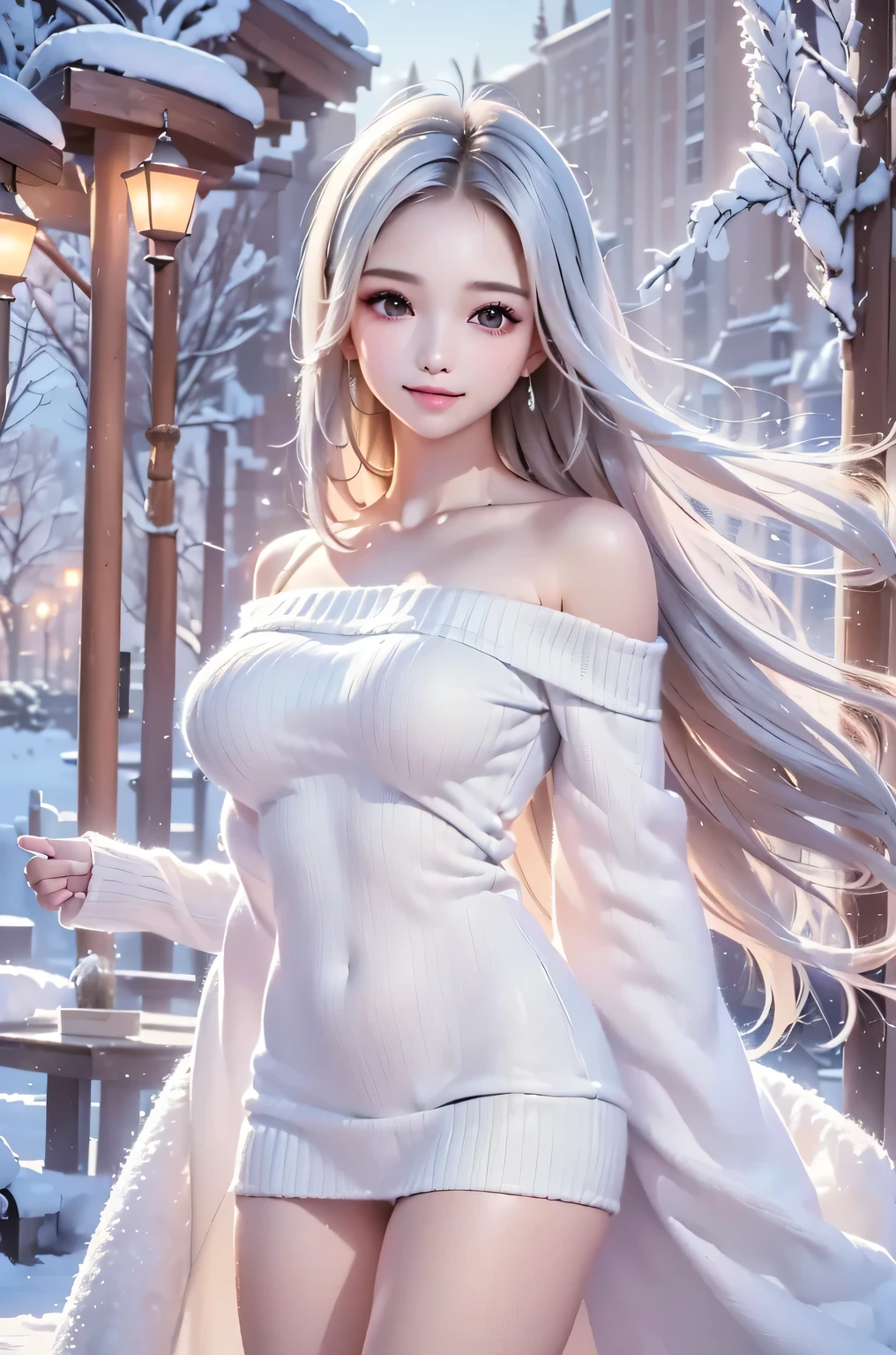 ((masterpiece:1.5、8k、Portraiture、Photorealistic and very detailed CG、Very detailed、Particle Effects、Dynamic Effects、Shallow depth of field、Cinematic Light、Lens flare、Ray Tracing、Tabletop、Realistic:1.4、Ultra-high resolution:1.2、Realistic、Realistic))((alone、 off shoulder knit sweater、Shorts、Elegant woman posing、Detailed face、brightexpression、young, bright, Whiter skin、Ample breasts、Best Looks、Ultimate beauty、Shiny silver hair with highlights、bright and shiny hair,、Super long, Silky straight hair、Hair dancing in the wind))(morning、The setting is outdoors in the snow、Surrounded by illuminations). from behind:1.5, look back
