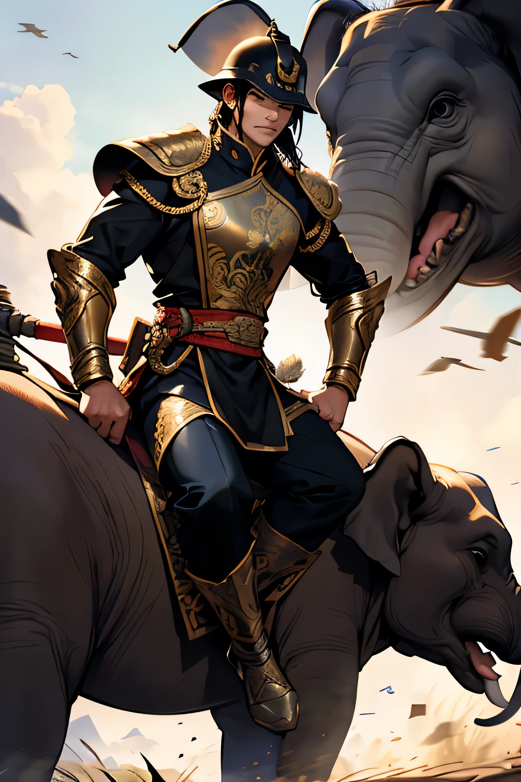 Thai character riding an elephant ,Thai Warrior Costume, Ready for battle, Inspiration from the Black Organization,Holding a weapon and wearing a Thai war helmet,Wear Thai armor