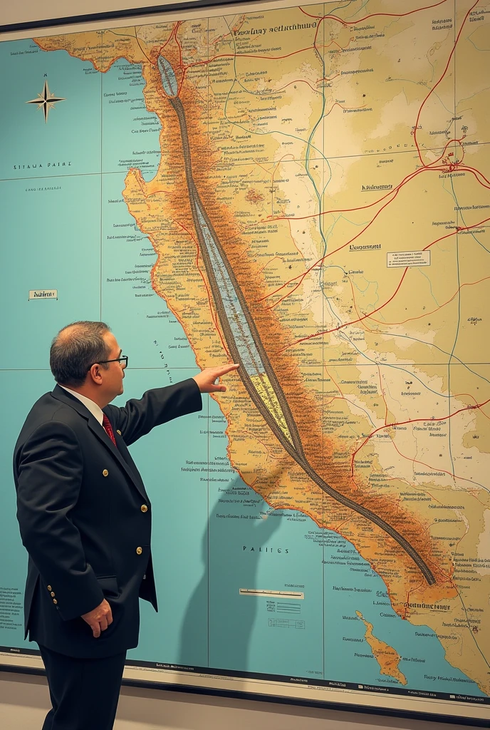  jose gregorio A map of Peru with marked railway routes, Paz Soldán pointing out and explaining the projects.