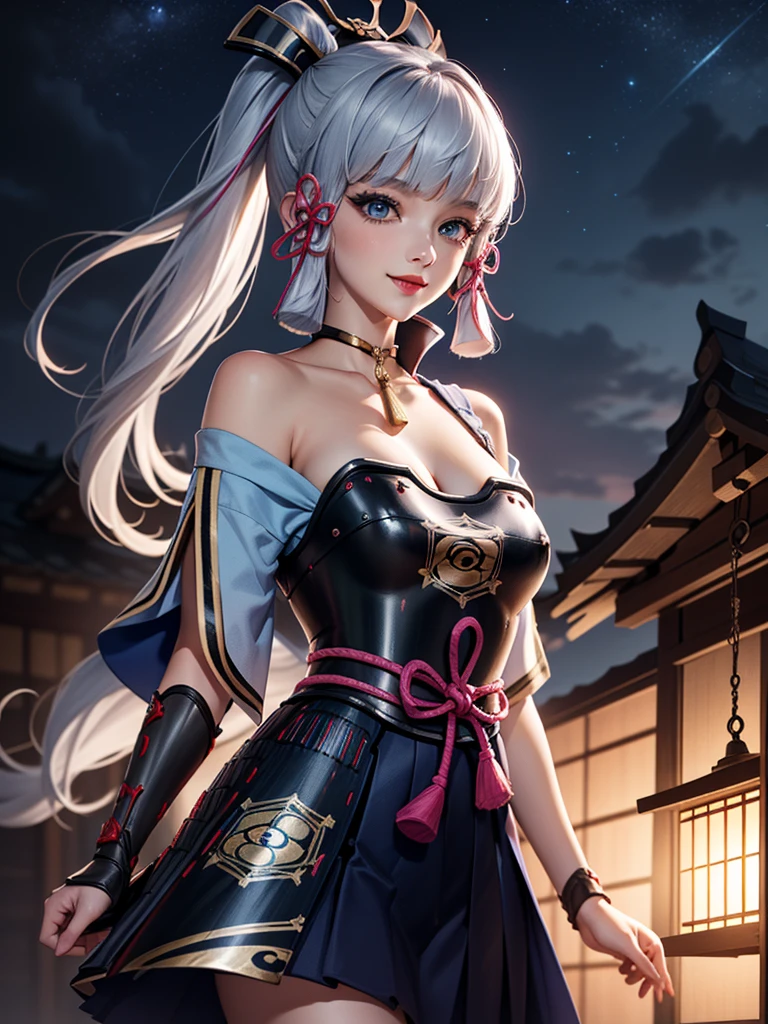 ((masterpiece)),(bestquality),((ultra-detailed)), ((beautiful detailed sky)), ((cinematic lighting)), depth of field, (dynamic angle),detailed lighting,((beautiful detailed eyes)), (night sky view), red lip, smile,eyeshadow,large breast, cleavage, ((bare arm, short skirt , off shoulders, sexy)), ((kamisatoayakadef))