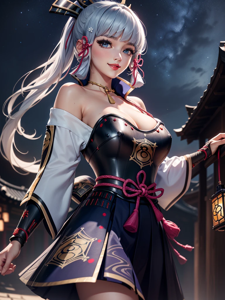((masterpiece)),(bestquality),((ultra-detailed)), ((beautiful detailed sky)), ((cinematic lighting)), depth of field, (dynamic angle),detailed lighting,((beautiful detailed eyes)), (night sky view), red lip, smile,eyeshadow,large breast, cleavage, ((bare arm, short skirt , off shoulders, sexy)), ((kamisatoayakadef))