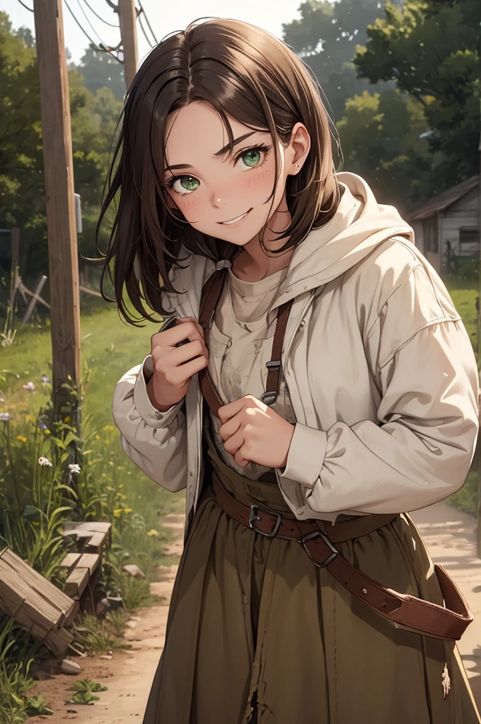 Close up on a young woman with a crooked smile standing on a dirt road in a small and rural town. She has short, messy, mousy brown hair and green eyes and tan skin. She is short but looks tough and strong, like a person who works hard. Despite her youth her hard life of poverty has made her scarred and weathered from years of hard work. She has crooked teeth and a big, slightly crooked, smile. She is wearing simple and practical clothing of a poor, working class woman from the 19th century. Her face and clothes are slightly dirty and her clothes are patched and torn. Crooked smile + crooked teeth + young + poor + dirty + friendly + happy + strong + scars + messy, dirty, torn, and patched clothes + simple and cheap clothes + practical clothing + short, dull, and messy, mousy brown hair + green eyes. Early modern setting, 19th century, no advanced technology, clothing or items.