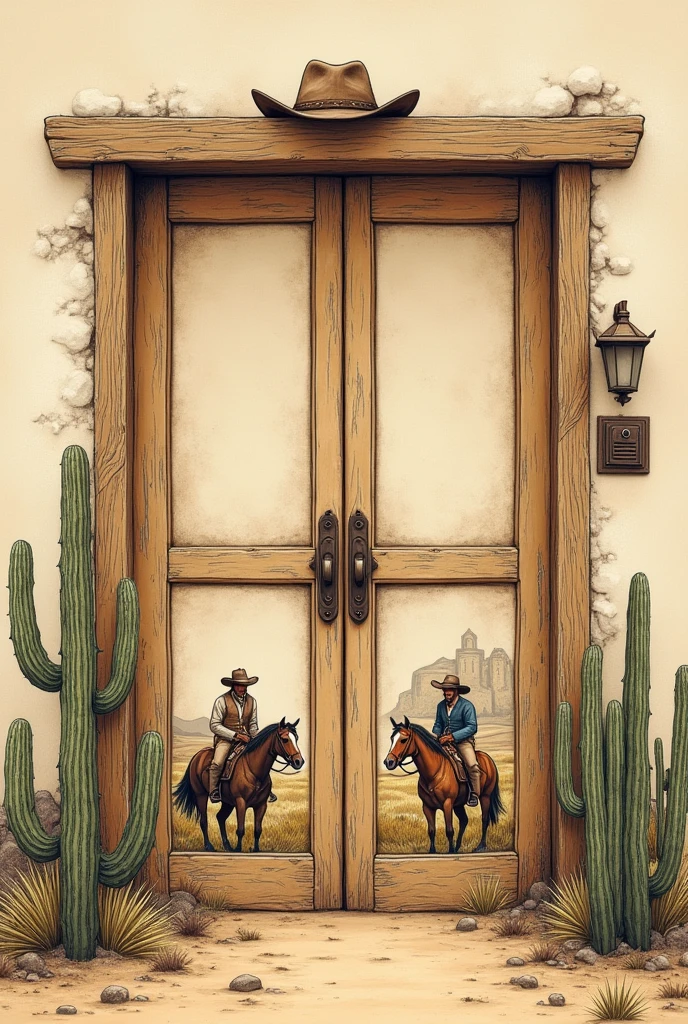 Create a double door drawing design that can be done by hand on paper that can be stuck to the door and with recyclable materials with an old west theme that has images of cacti, Hats, Cowboys, horses on the edge of the doors