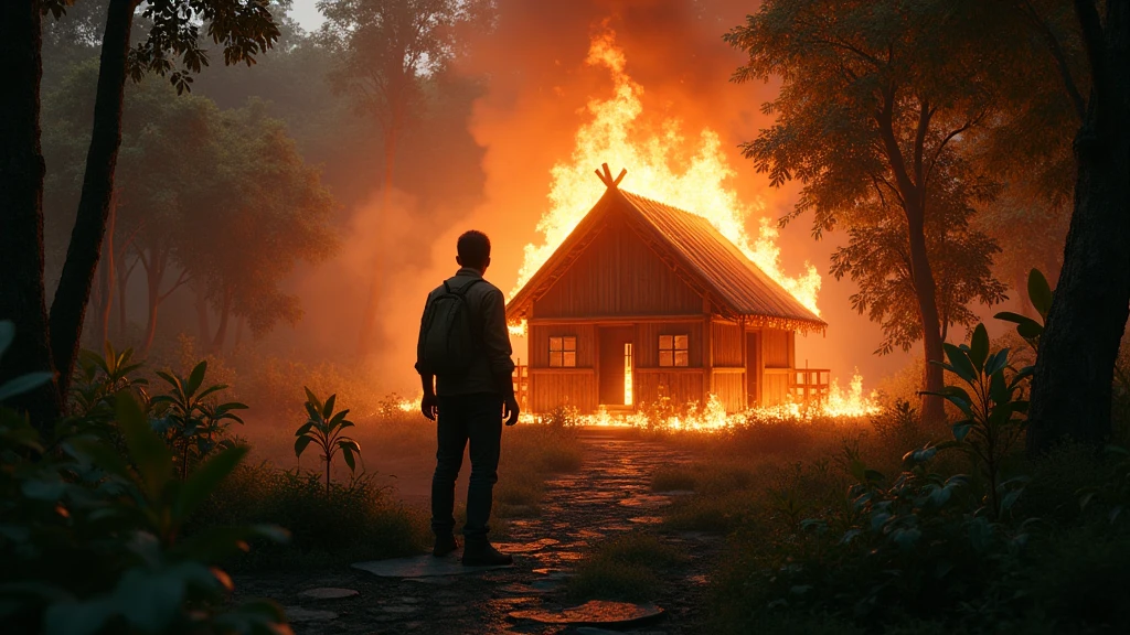 An Indonesian hunter stares at a burning wooden house in the forest 8k