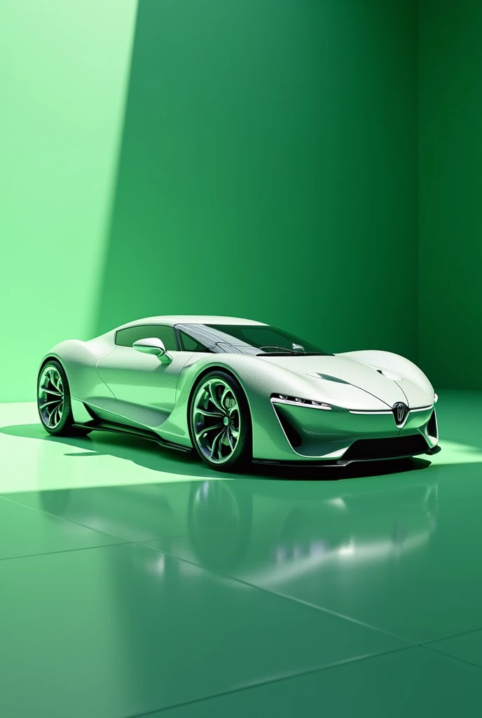 Créez une image d'une chaussure de sport moderne, dont le design est inspiré par une voitures. La carrosserie de la voiture doit inclure des motifs qui rappellent une voiture, avec des textures ressemblant à du feutre, des lignes de couture blanches caractéristiques, et des éléments comme des vitres et des lumières intégrées dans les détails. Les couleurs dominantes seront le vert vif et le blanc, pour capturer l'esprit du tennis. La chaussure de sport doit avoir une allure dynamique et élégante, évoquant à la fois la vitesse et l'énergie du sport