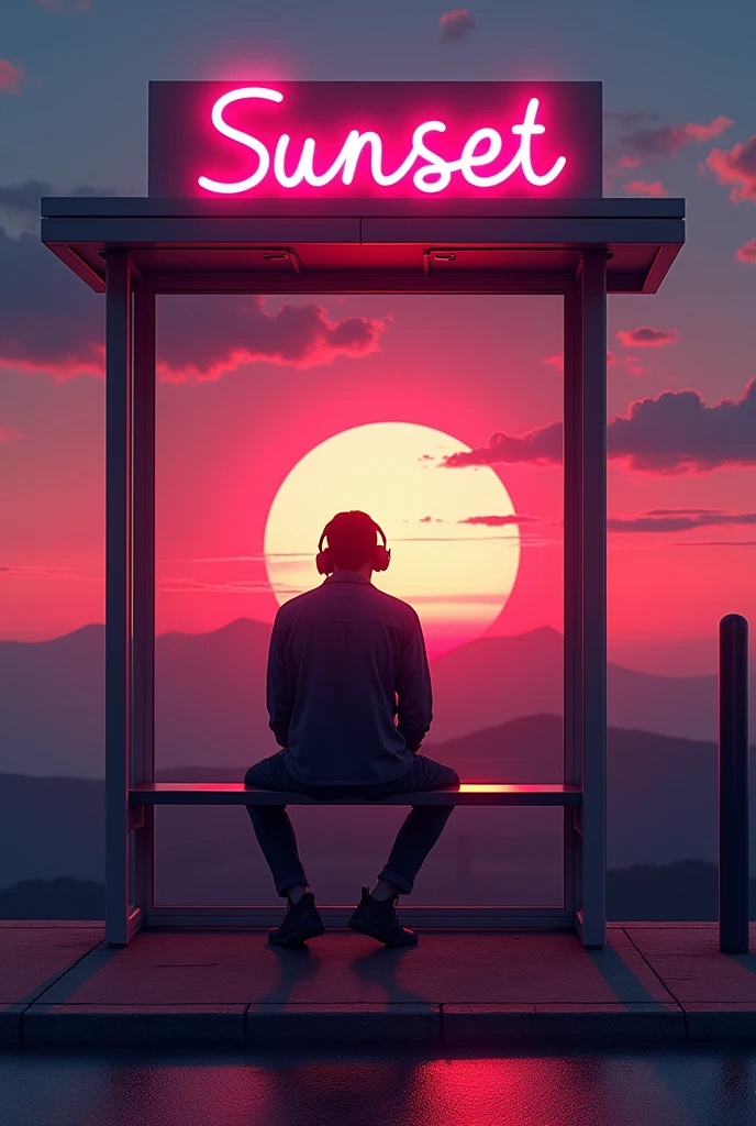A music album cover with the title Sunset on electric sign with A man with headphones sitting on a glass bus stop at sunset with a wide view