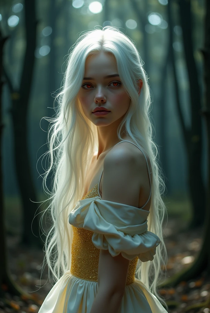 Beautiful girl with long white hair, Fair skin, And red eyes, In the woods with cinematic lighting, It's dark and there's little light. She is wearing a golden white dress, Her eyes were focused, Looking at the audience. Her skin is white, Her face was delicate and perfect., masterpiece, Top quality artwork. This image is an incredibly detailed 8K CG wallpaper., Cinematic tones with artistic cinema lighting and neutral filters.