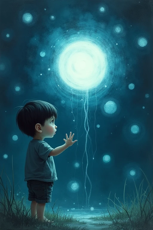 ((Highest quality)), ((masterpiece)), (detailed), night,A 4-year-old human looking to the side,eyes are hidden by bangs,Reaching out to a small light-blue ball of light,Many small light-blue balls are flying around,Horror,A painting that looks like it was painted with watercolors,4 year old boy