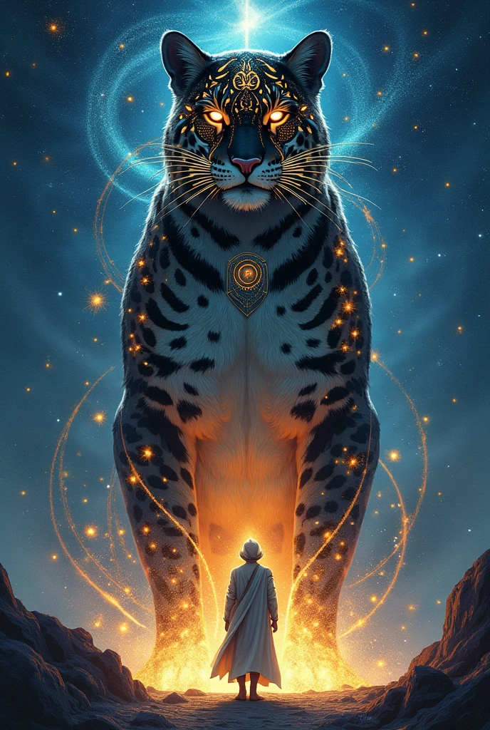 Make me a celestial jaguar art (sharia) from Brazilian folklore behind a person as if protecting them