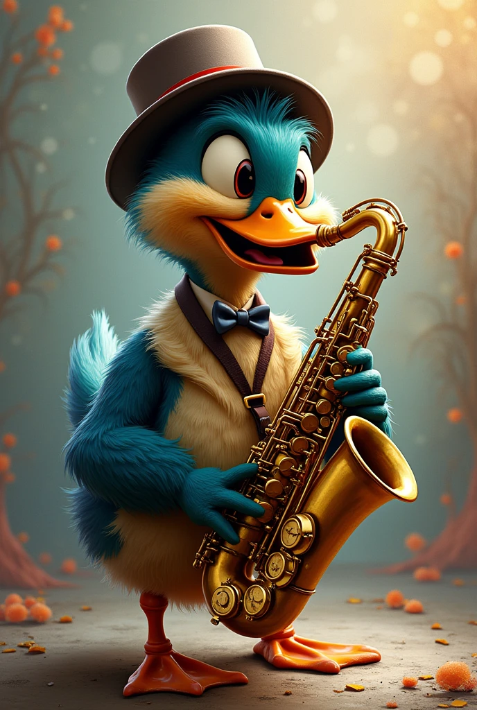 Mallard duck with a lively twist, with hat playing alto saxophone Well detailed 