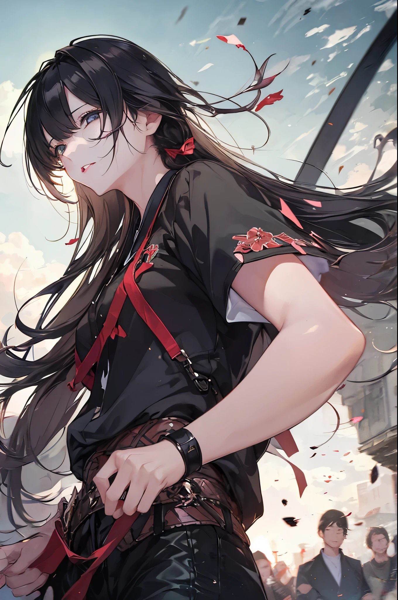(Highest quality、High resolution、8k、mysterious、masterpiece:1.2)。Yoshitaka Amano-style depiction。The cruel and inhuman Yamada Asaemon。she、The role of testing swords in the Edo period。Dark circles under the eyes。A crisscross pattern on the back to roll up the sleeves。First to behead、assassination、Executioner。A long Japanese sword on his waist。Black belt all over the body。The gleam in his eyes is gone、Hollow。Eye patch。ただし誰が見てもshe剣の達人で、There is a sense of determination that leaves no room for doubt。With gray hair、Unkempt hair and quite large。She is certainly attractive as a woman。Blood splatter。Overwhelming strength and charm。Bloody bandages on his wrists and ankles、Samurai clothing。Samurai。With a cold-hearted look that looks down on people、A crowd of commoners々And pass by。Bold Pose、Seems like a bad personality。