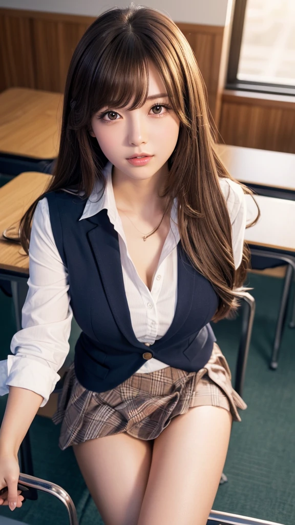 Product quality,1 girl,Angle looking up from below,(I can see a little bit of my pants.),Young and cute Japanese,Daytime, ((High school classroom:1.2)),Schoolgirl uniform,blazer, Ultra short,Plaid,Blue micro mini skirt,Very cute face,Glossy Lips,Beautiful big eyes,Brown eyes,Double eyelids on both eyes,(Natural Makeup),shiny smooth light brown long hair,,,Asymmetrical bangs,Center image,8k resolution,Attention to detail,Detailed hairstyle,Detailed face,Cinema Lighting,Octane Rendering,Ultra-realistic,Perfect limbs,Beautiful legs,Voluptuous thighs,Huge breasts,Perfect Anatomy,Bold sexy pose,Burning idol pose