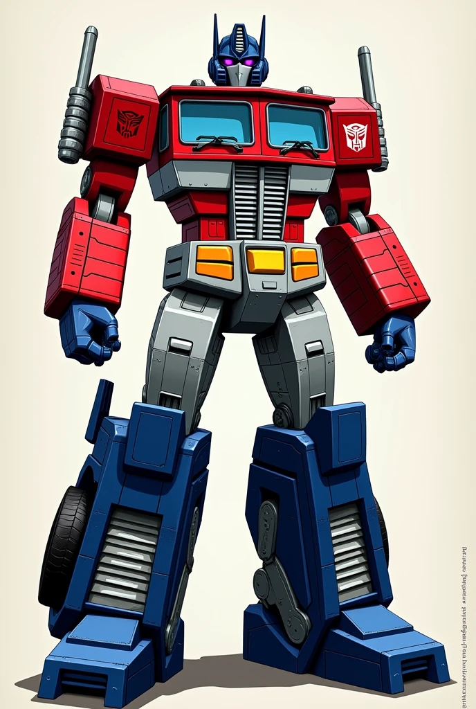 Optimus prime Vehicle mode, lorry red blue . Lot of sticker stripe on the lorry.
