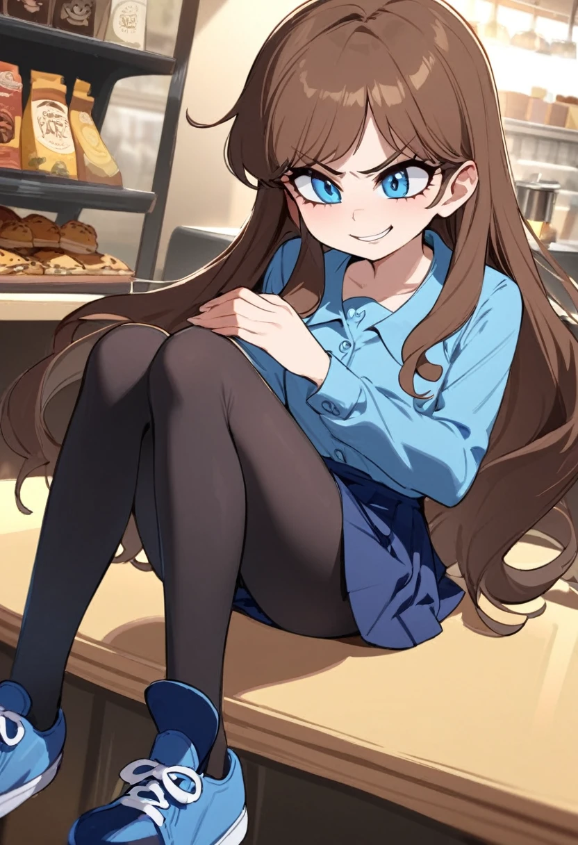 Girl, Mabel pains, gravity falls, reverse falls, reverse mabel, brown hair, long hair, blue shirt, tights, blue skirt, short skirt, blue shoes, blue eyes, blue bezel in hair, confident smile, arrogant look, sitting in a cafe, view down, evil smile, solo 